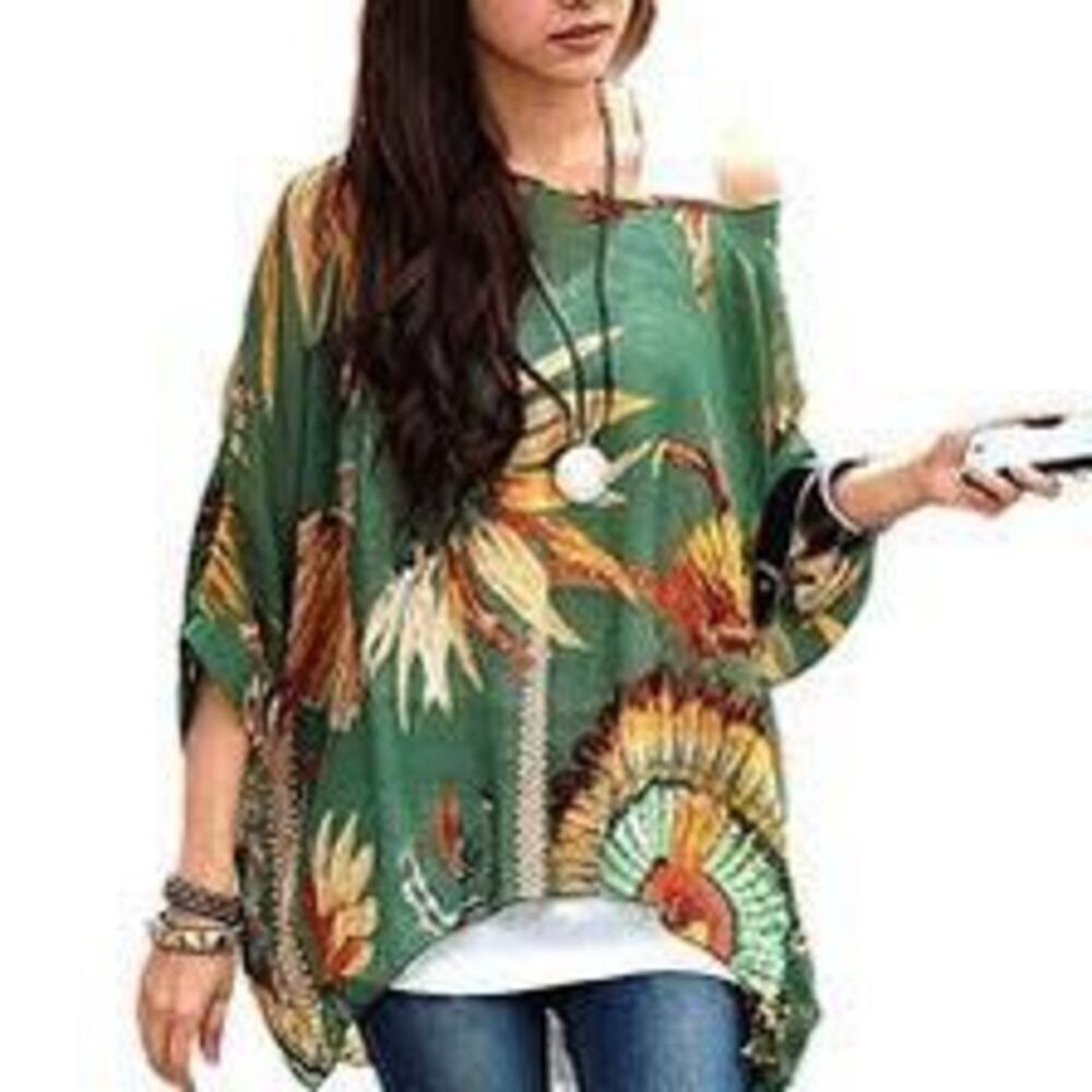 Lamberto Losani Womens Bohemian Oversized Blouse Batwing Sleeve Green Large